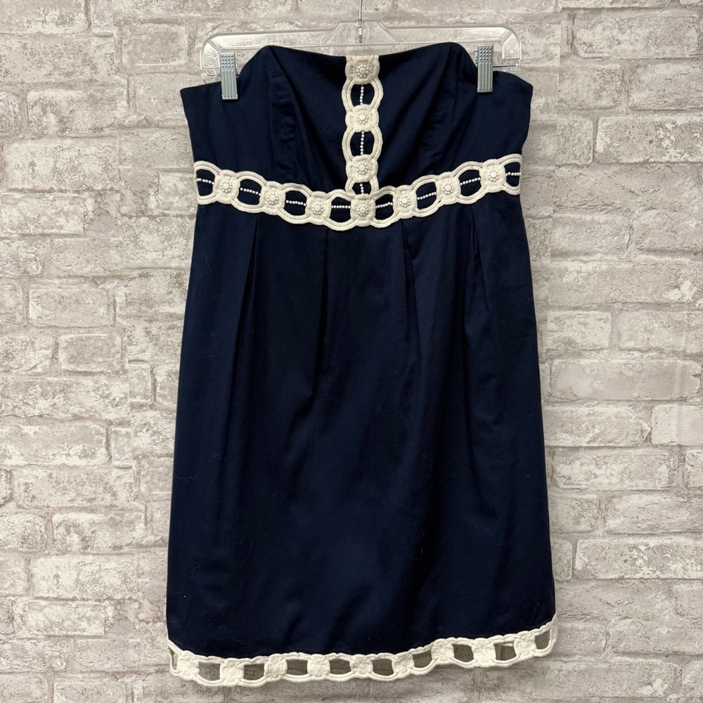 Lilly Pulitzer strapless dress navy white beaded‎ women’s size 8 100% cotton - Picture 1 of 9